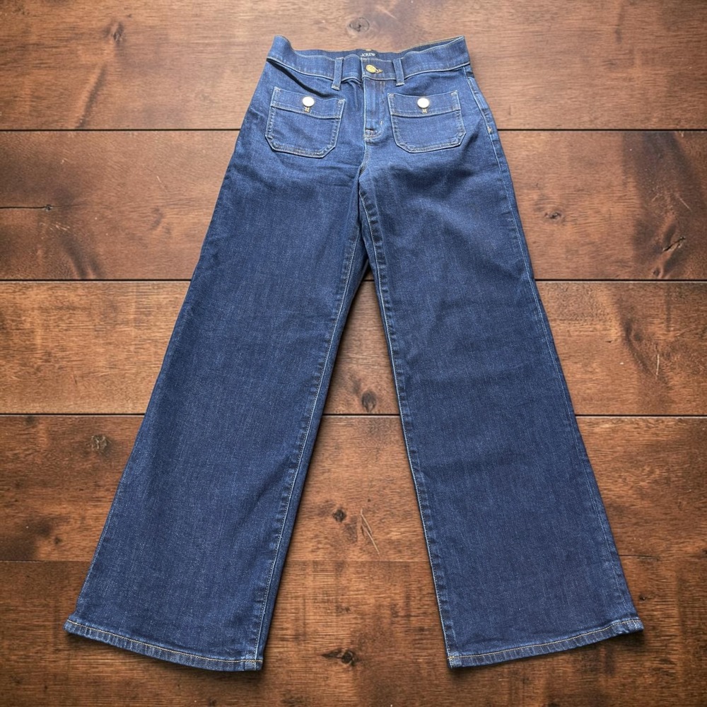 J.Crew Premium Edition Slim Wide-Leg Jeans Dark Wash Blue 26P Petite Gold Button
